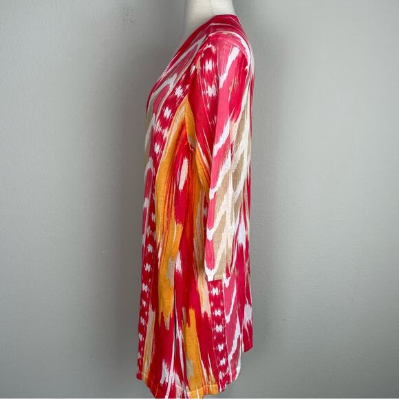 Chico's Red Orange White Light Weight  Long Sleeve Open Front Cardigan 2 - Picture 6 of 8